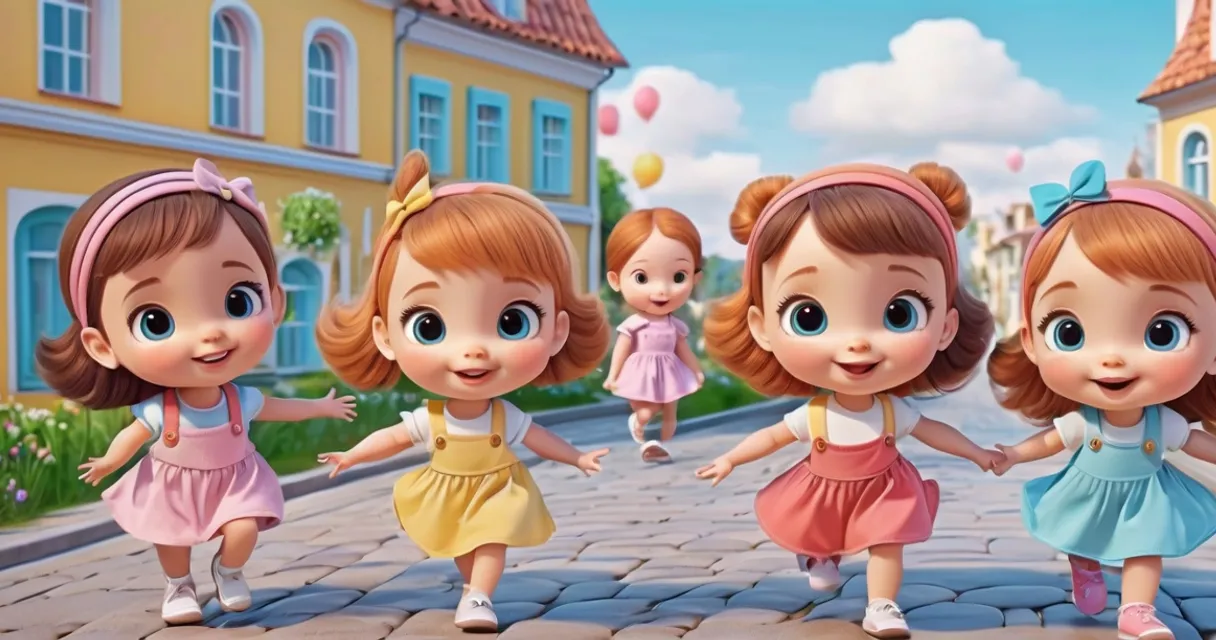 a group of little girls walking down a street, baby dolls, beautiful, dolls are playing, dolls are smilling