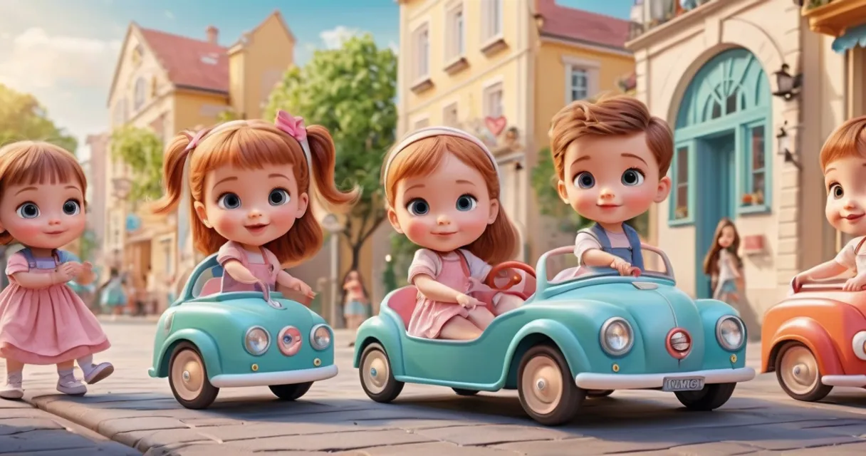 a group of children riding on top of a toy car, baby dolls, beautiful, dolls are playing, dolls are smilling