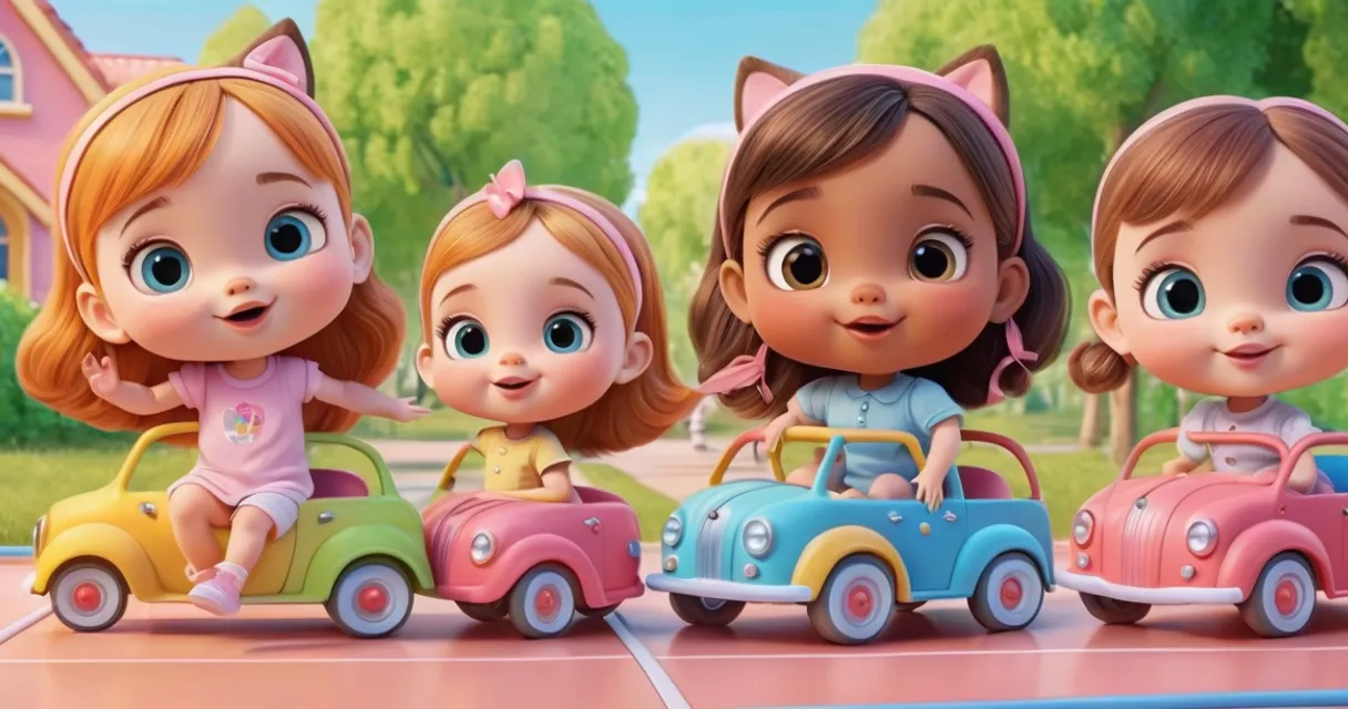 a group of little girls riding on top of a toy car, baby dolls, beautiful, dolls are playing, dolls are smilling