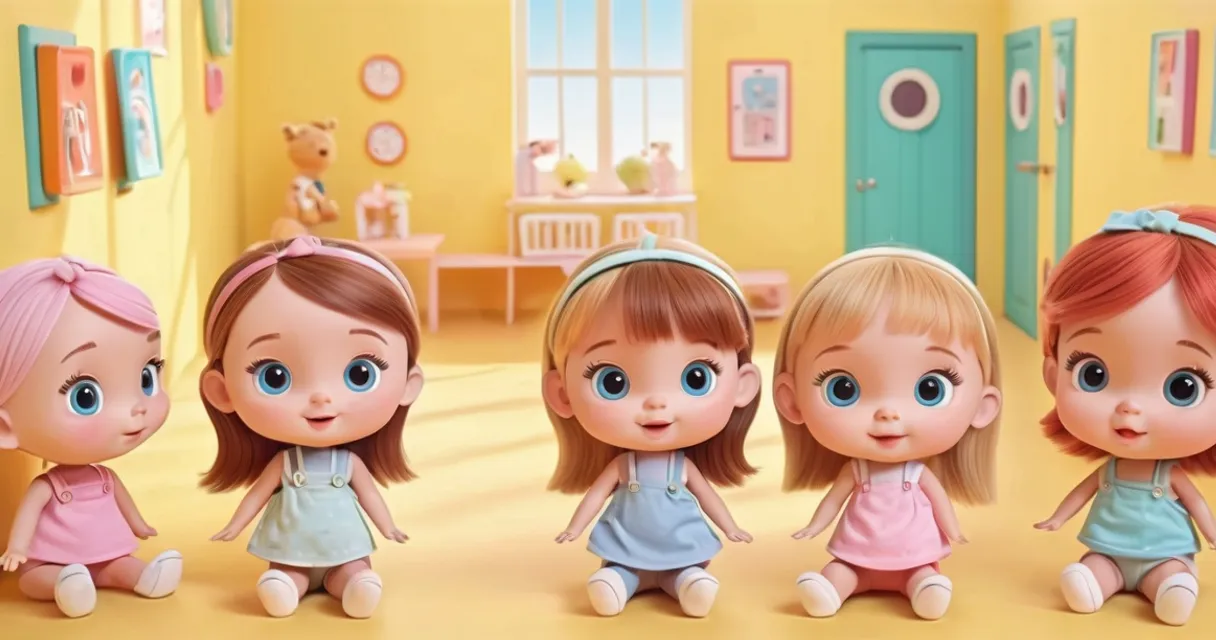 a group of little girls sitting next to each other, baby dolls, beautiful, dolls are playing, dolls are smilling