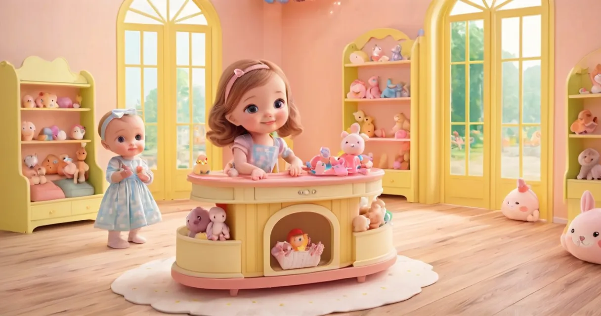 a little girl plays with her toys in a doll house, baby dolls, beautiful, dolls are playing, dolls are smilling