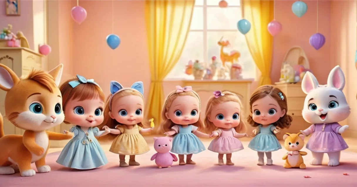 a group of little girls standing next to each other, baby dolls, beautiful, dolls are playing, dolls are smilling