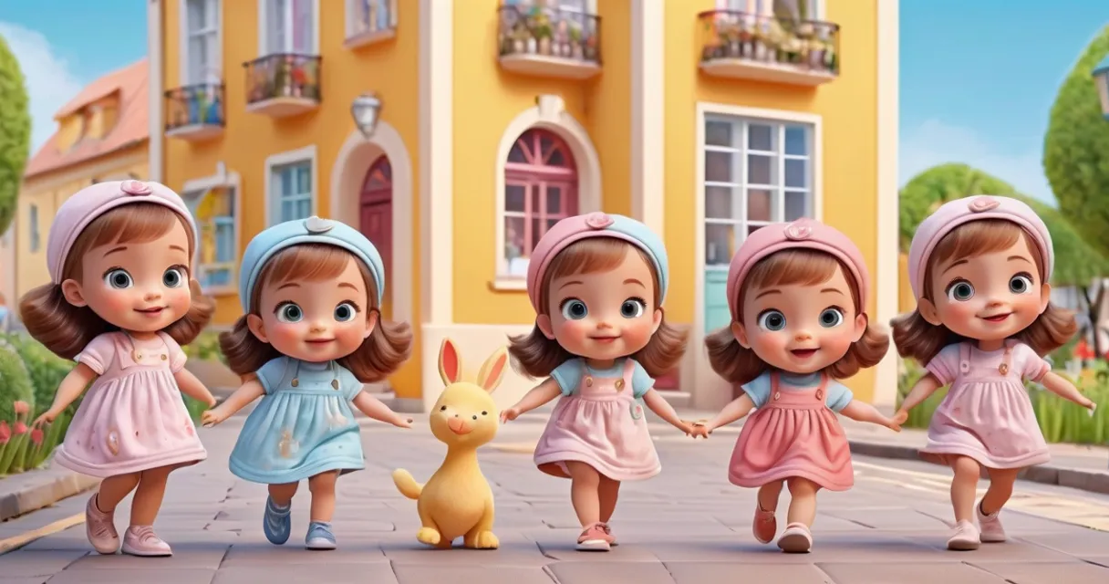 a group of little girls walking down a street, baby dolls, beautiful, dolls are playing, dolls are smilling