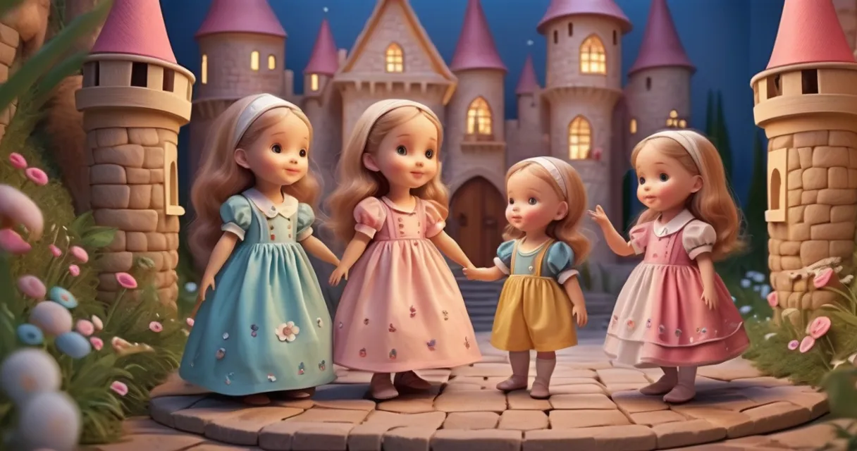 a group of little girls standing in front of a castle, baby dolls, beautiful, dolls are playing, dolls are smilling