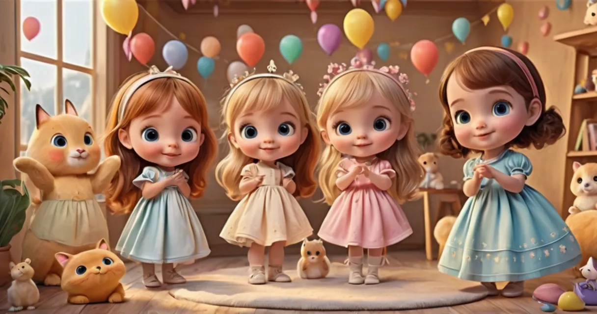 a group of little girls standing next to each other, baby dolls, beautiful, dolls are playing, dolls are smilling