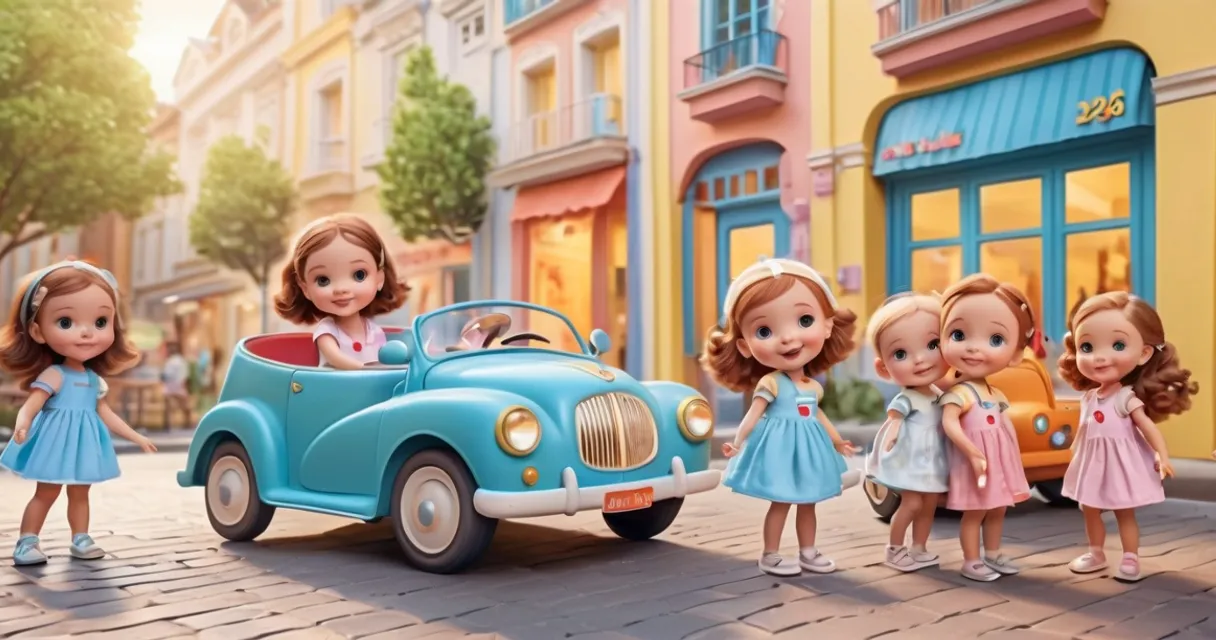 a group of little girls standing next to a blue car, baby dolls, beautiful, dolls are playing, dolls are smilling