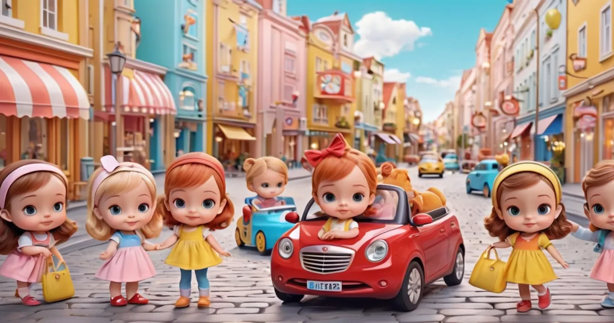 a group of little girls standing in front of a red car, baby dolls, beautiful, dolls are playing, dolls are smilling