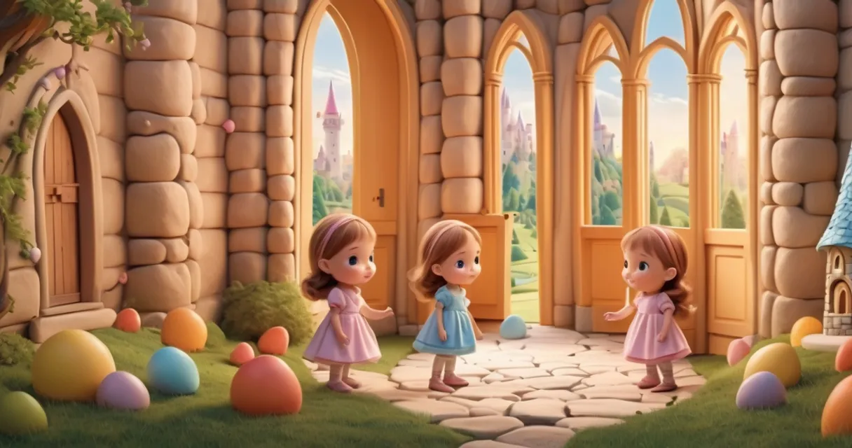 two little girls standing in front of a castle, baby dolls, beautiful, dolls are playing, dolls are smilling