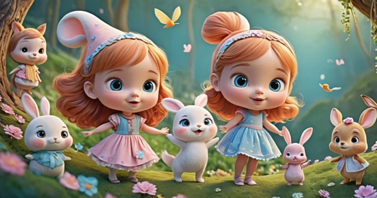 a group of little girls standing next to each other in a forest, baby dolls, beautiful, dolls are playing, dolls are smilling