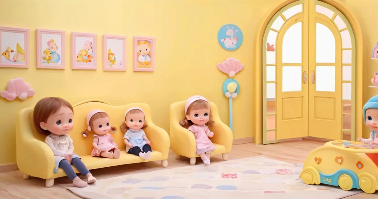 a group of dolls sitting on top of a yellow couch, baby dolls, beautiful, dolls are playing, dolls are smilling