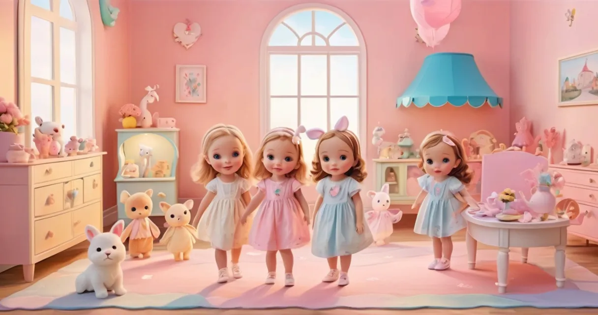 a group of little girls standing next to each other in a room, baby dolls, beautiful, dolls are playing, dolls are smilling