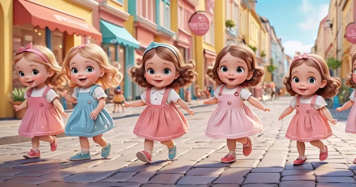 a group of little girls walking down a street, baby dolls, beautiful, dolls are playing, dolls are smilling