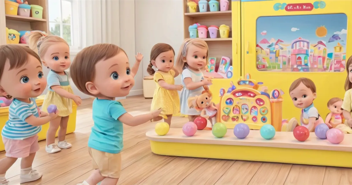 a group of children playing with toys in a room, baby dolls, beautiful, dolls are playing, dolls are smilling