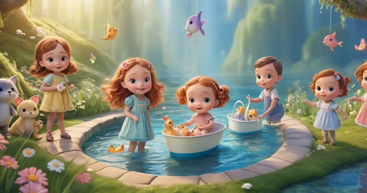 a group of children playing in a pond, baby dolls, beautiful, dolls are playing, dolls are smilling