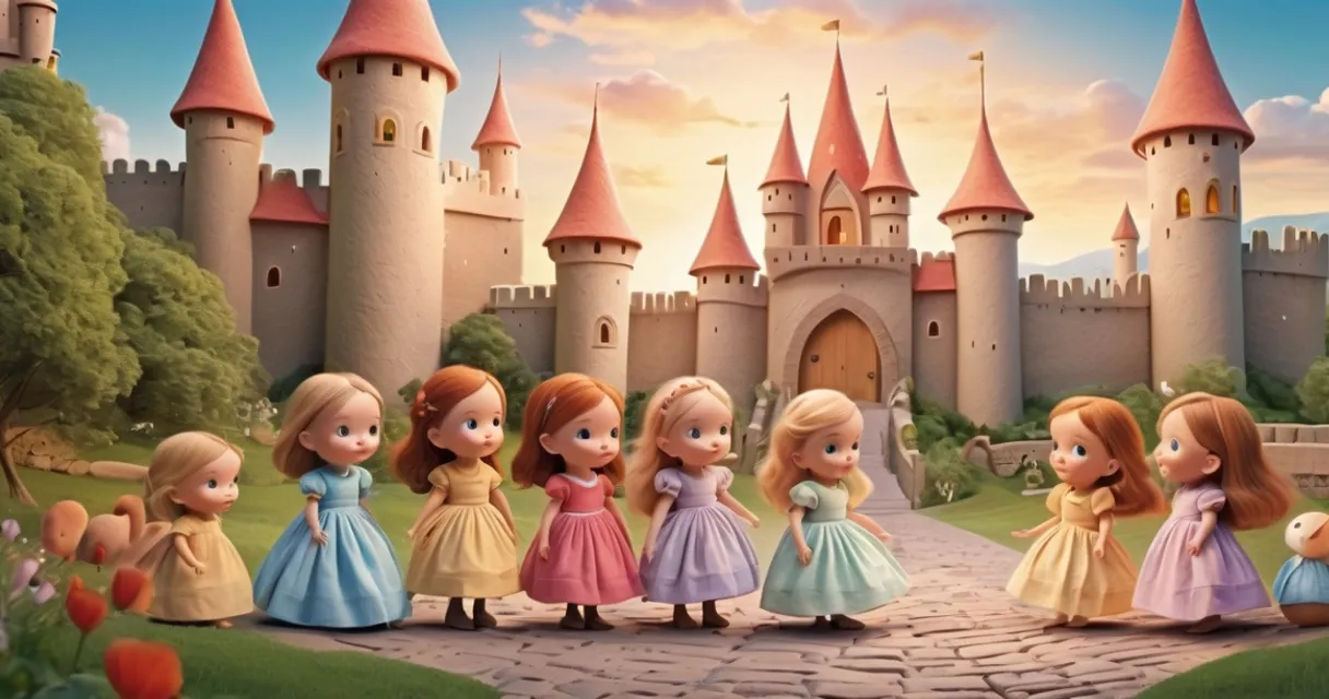 a group of little girls standing in front of a castle, baby dolls, beautiful, dolls are playing, dolls are smilling