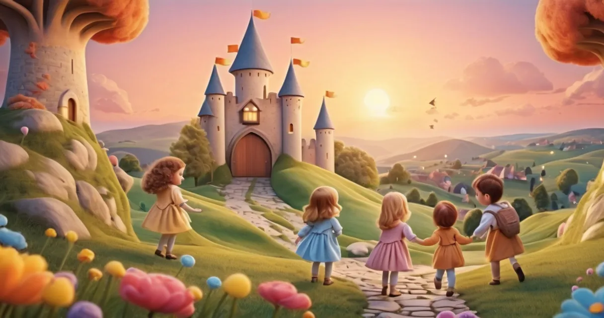 a painting of a group of children walking towards a castle, baby dolls, beautiful, dolls are playing, dolls are smilling