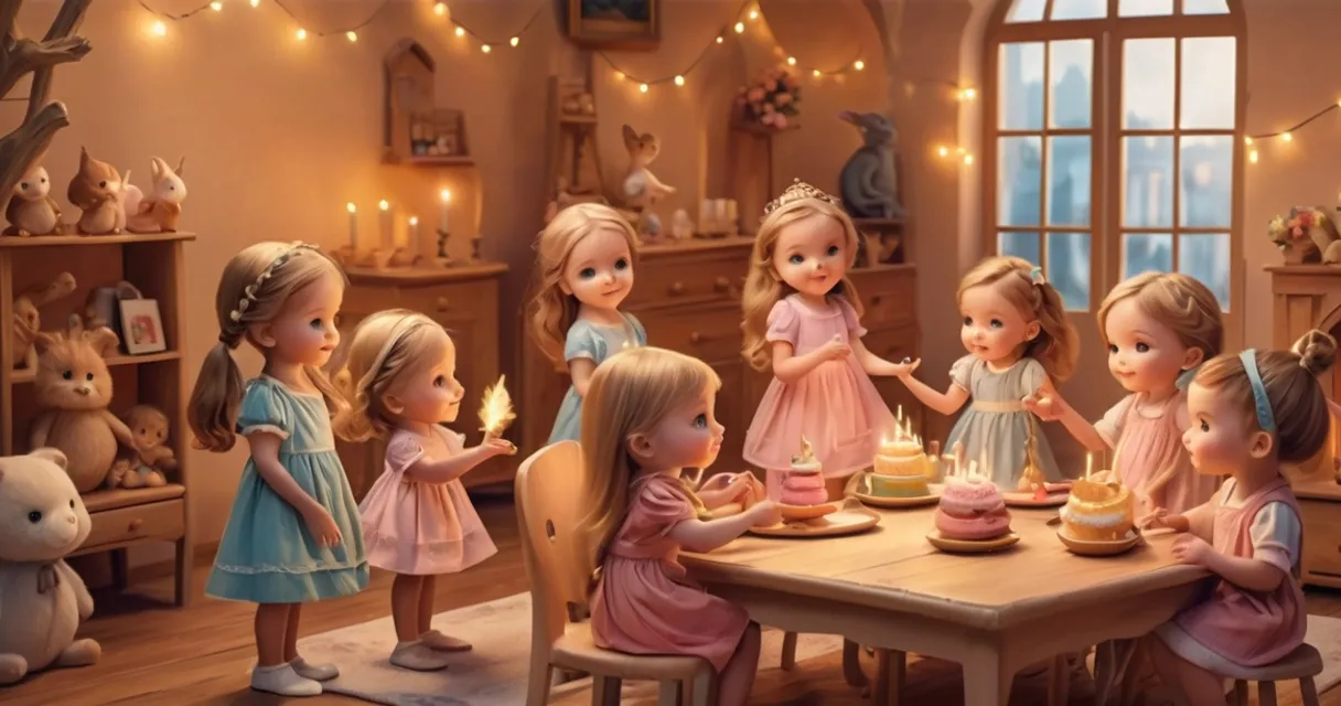 a group of little girls standing around a table, baby dolls, beautiful, dolls are playing, dolls are smilling