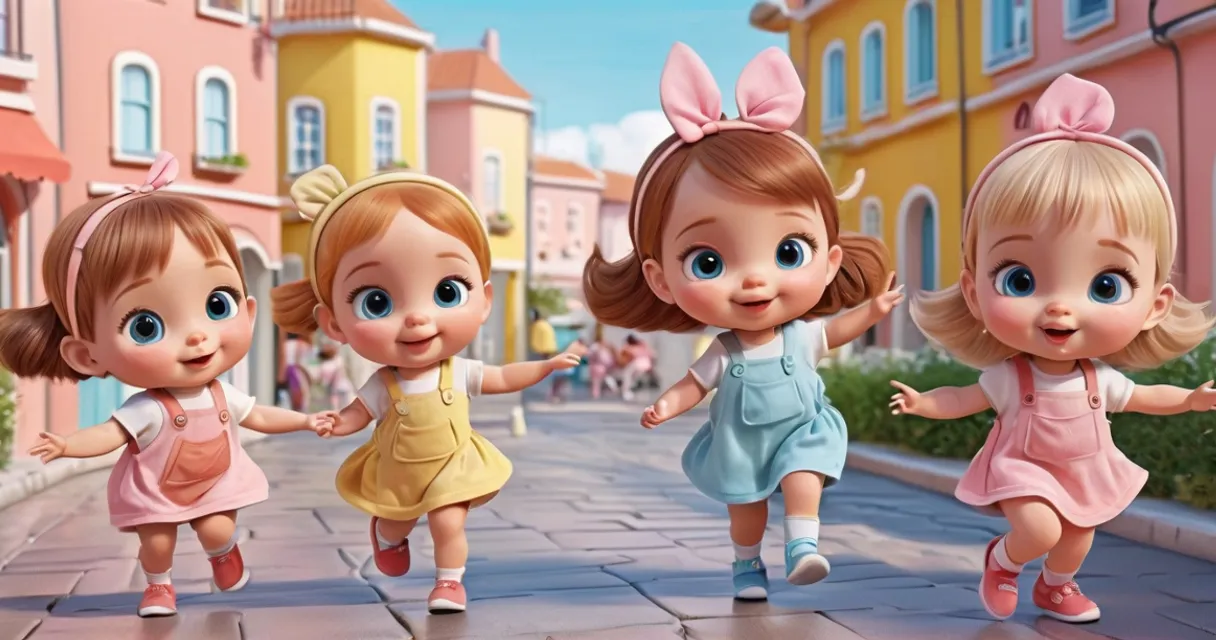 a group of little girls walking down a street, baby dolls, beautiful, dolls are playing, dolls are smilling