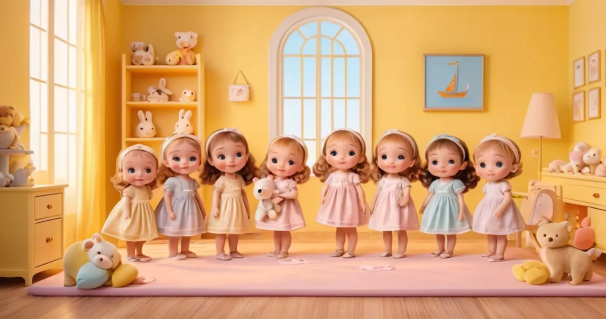 a group of little girls standing next to each other, baby dolls, beautiful, dolls are playing, dolls are smilling