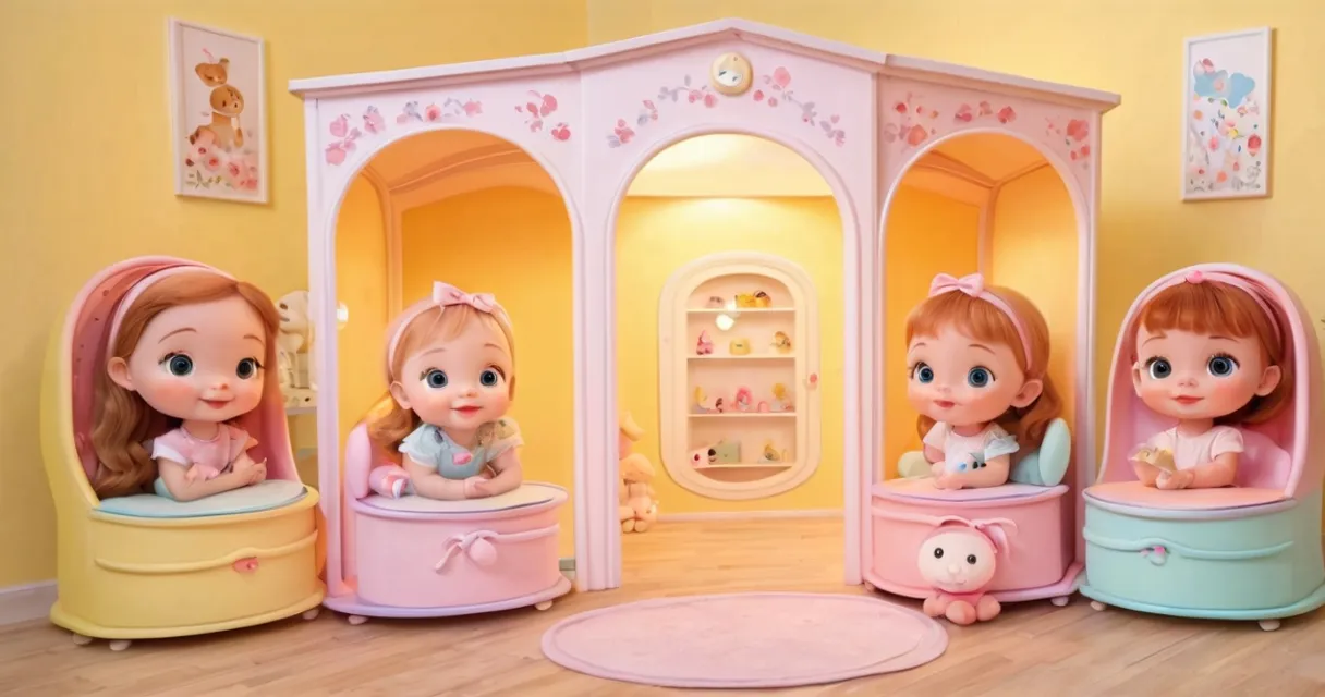 a doll house with three dolls in it, baby dolls, beautiful, dolls are playing, dolls are smilling