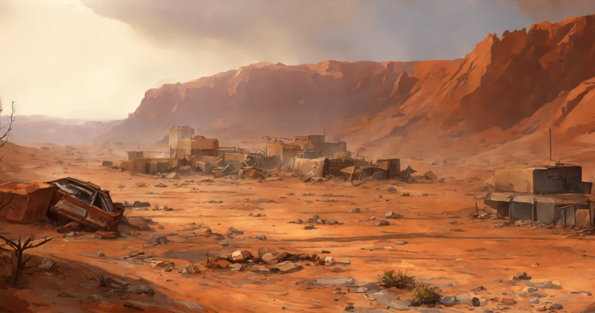 a painting of a desert town with a mountain in the background