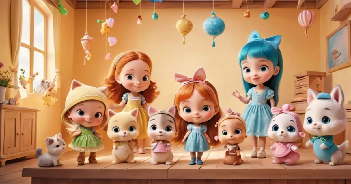 a group of little girls standing next to each other, baby dolls, beautiful, dolls are playing, dolls are smilling