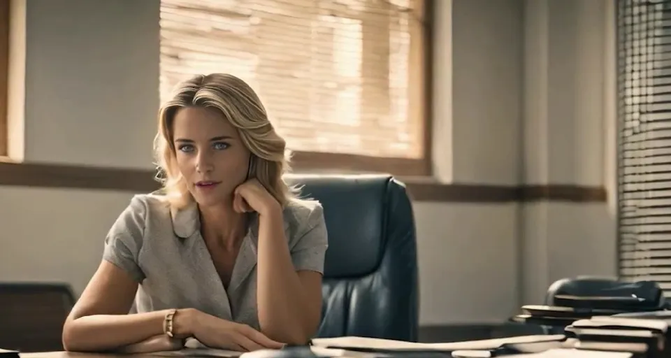 a woman sitting at a desk in an office