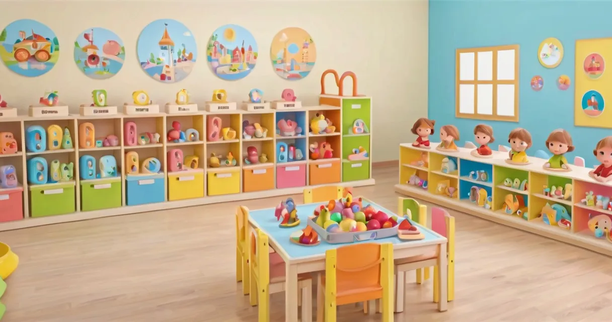 a child's playroom with a table and chairs, baby dolls, beautiful, dolls are playing, dolls are smilling