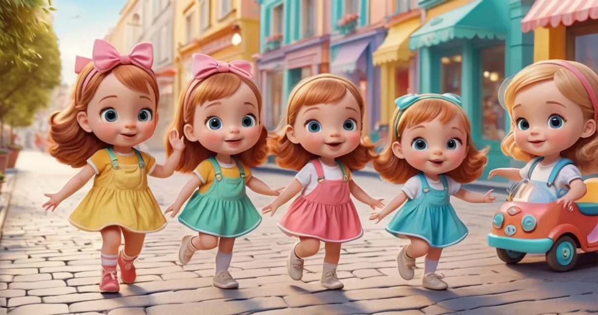 a group of little girls walking down a street, baby dolls, beautiful, dolls are playing, dolls are smilling