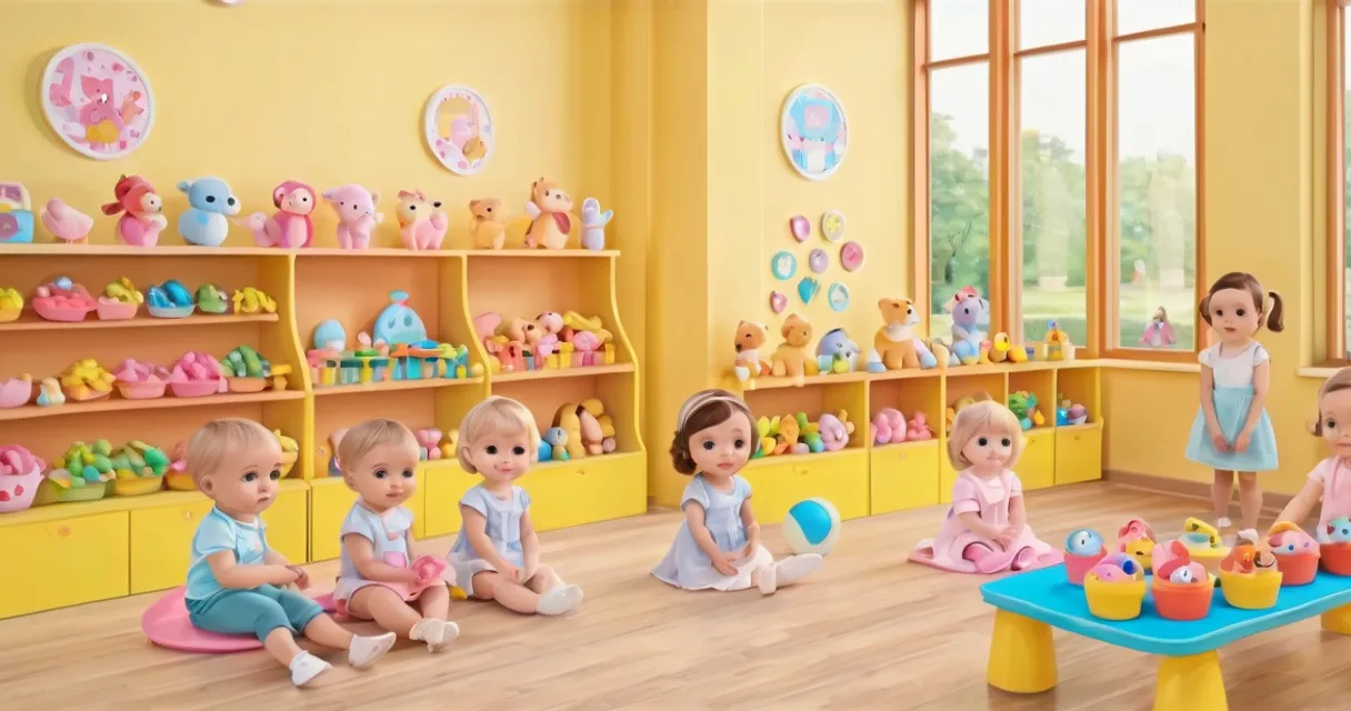 shelf, toy, building, doll, yellow, shelving, leisure, child, toddler, kindergarten, baby dolls, beautiful, dolls are playing, dolls are smilling