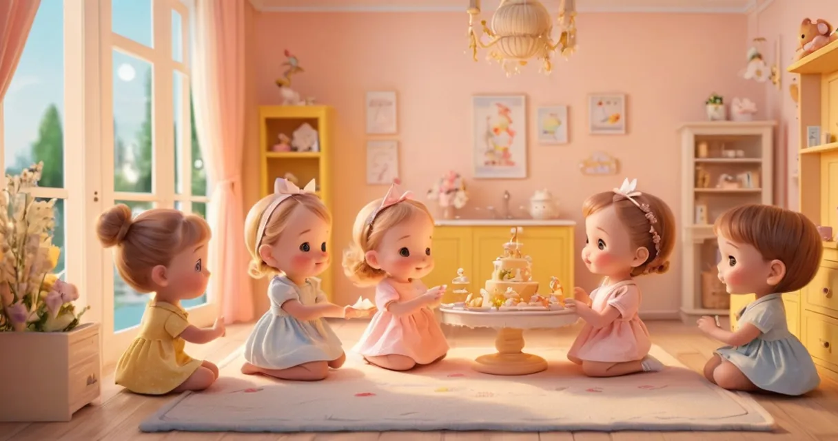 a group of little girls sitting on top of a rug, baby dolls, beautiful, dolls are playing, dolls are smilling