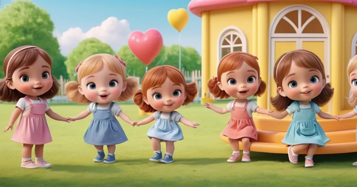 a group of little girls standing next to each other, baby dolls, beautiful, dolls are playing, dolls are smilling