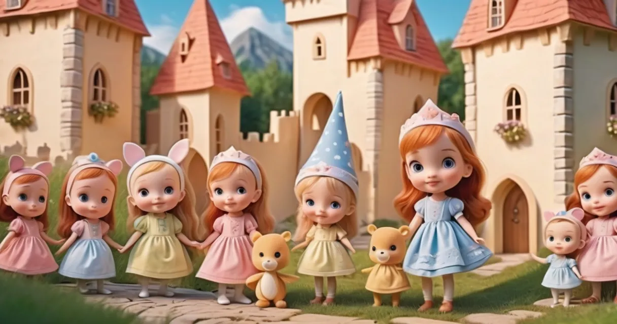 a group of little girls standing next to each other in front of a castle, baby dolls, beautiful, dolls are playing, dolls are smilling