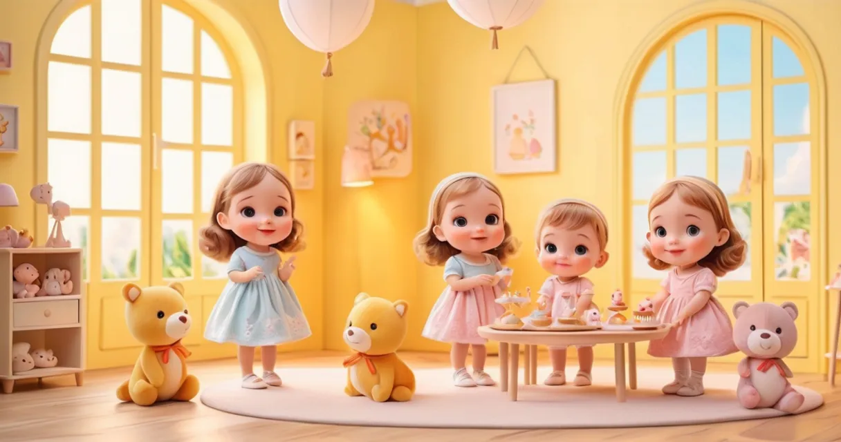 a group of little girls standing around a table with teddy bears, baby dolls, beautiful, dolls are playing, dolls are smilling