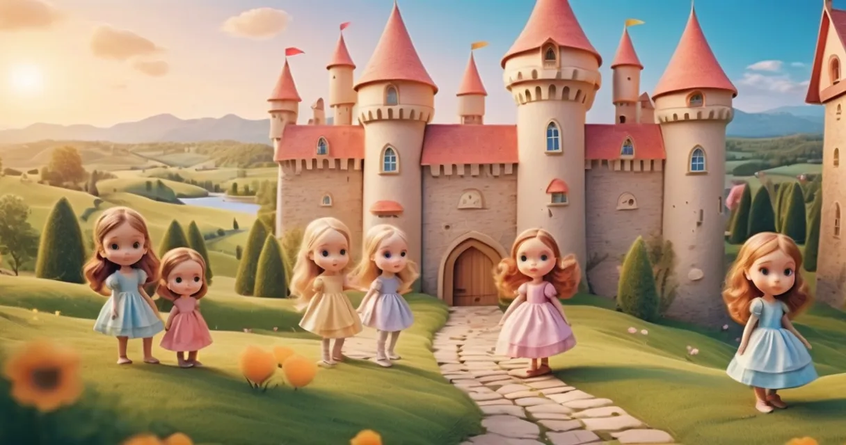 a group of little girls standing in front of a castle, baby dolls, beautiful, dolls are playing, dolls are smilling