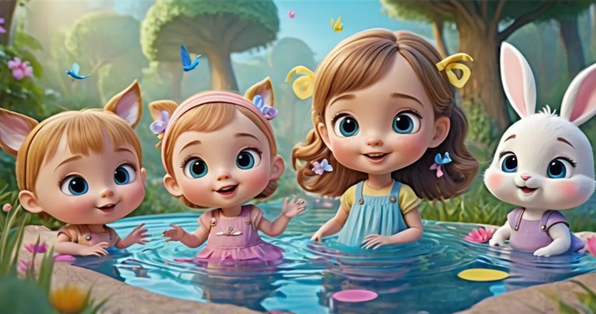 a group of little girls standing next to each other near a pond, baby dolls, beautiful, dolls are playing, dolls are smilling