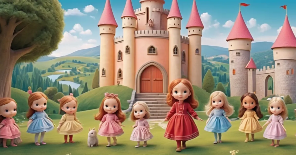 a group of little girls standing in front of a castle, baby dolls, beautiful, dolls are playing, dolls are smilling