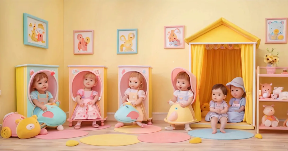 a group of dolls that are sitting in a room, baby dolls, beautiful, dolls are playing, dolls are smilling