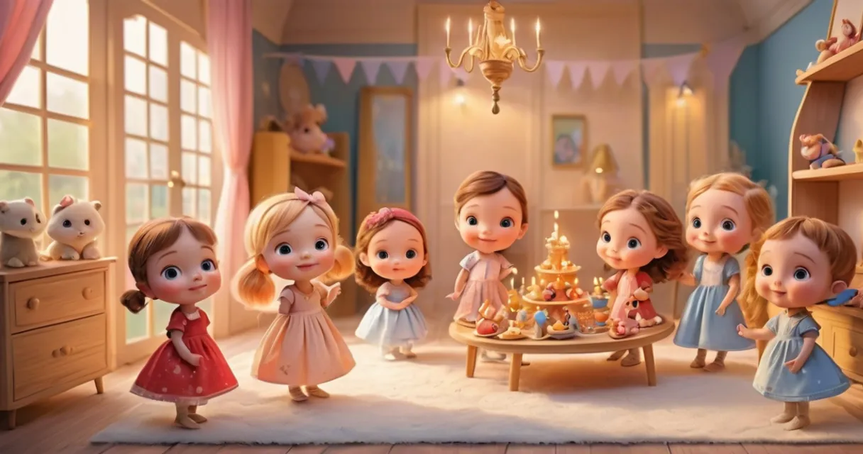 a group of little girls standing around a table, baby dolls, beautiful, dolls are playing, dolls are smilling