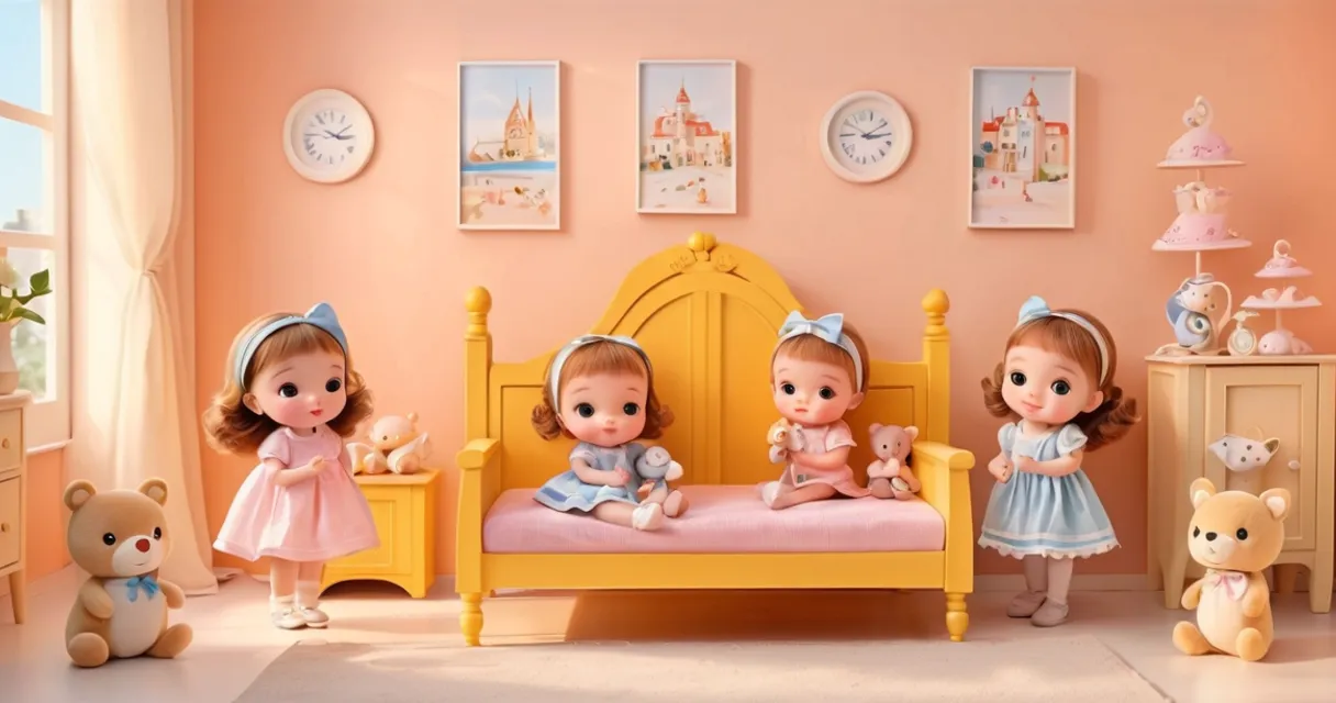 a group of dolls that are sitting on a bed, baby dolls, beautiful, dolls are playing, dolls are smilling