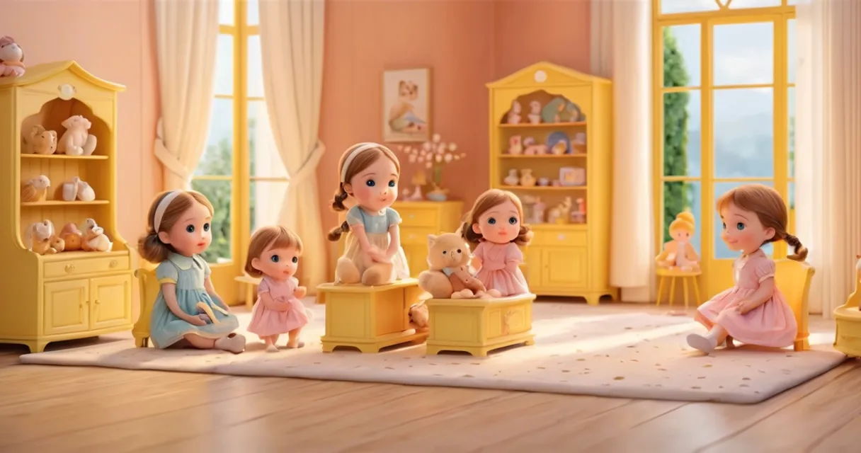 a group of dolls sitting on top of a wooden floor, baby dolls, beautiful, dolls are playing, dolls are smilling