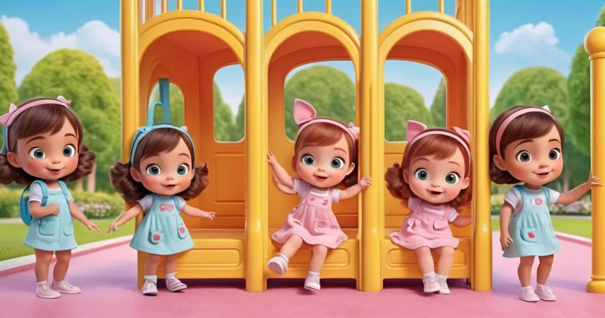 a group of little girls standing in front of a playground, baby dolls, beautiful, dolls are playing, dolls are smilling