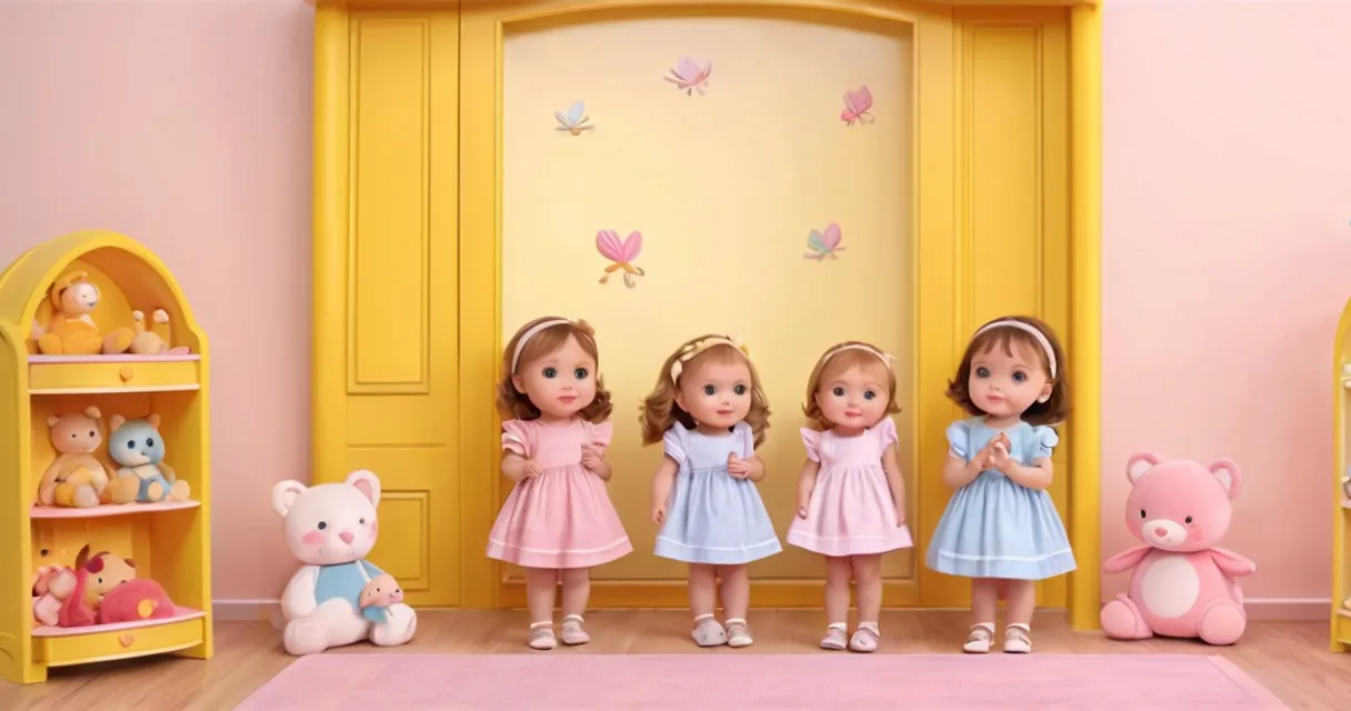 a group of little girls standing next to each other, baby dolls, beautiful, dolls are playing, dolls are smilling