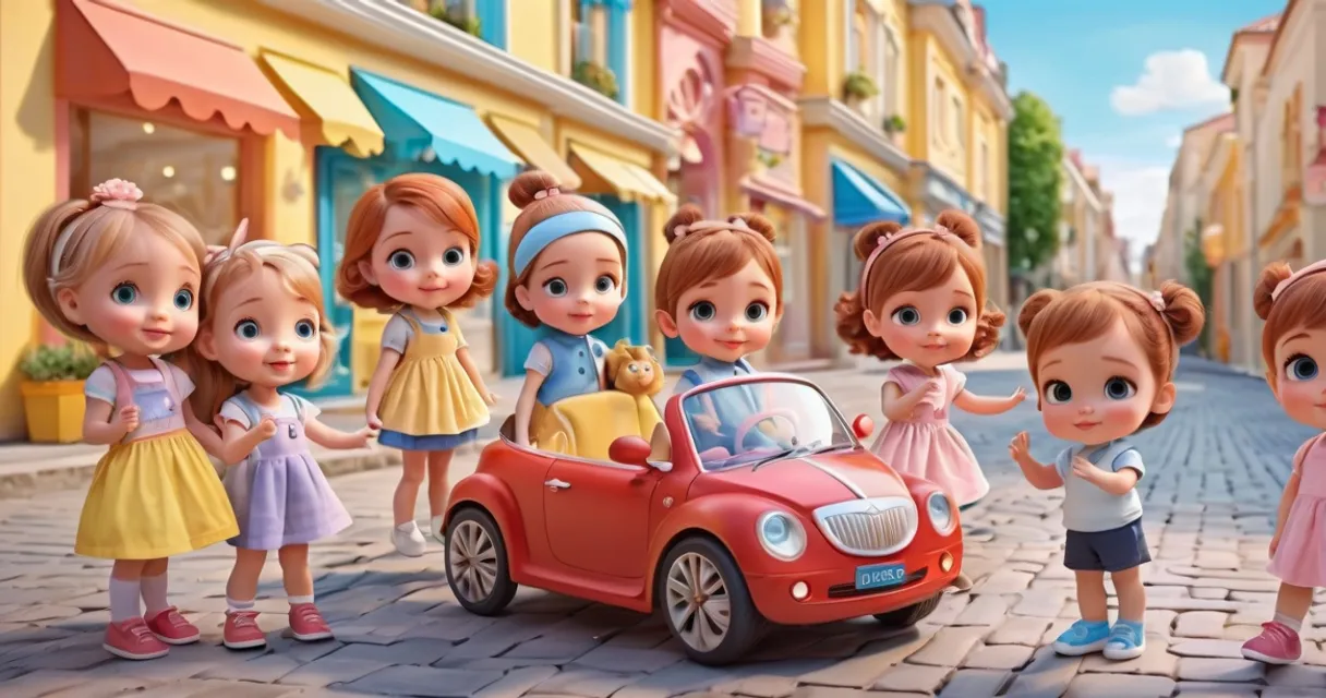 wheel, car, land vehicle, vehicle, toy, doll, tire, motor vehicle, yellow, mode of transport, baby dolls, beautiful, dolls are playing, dolls are smilling