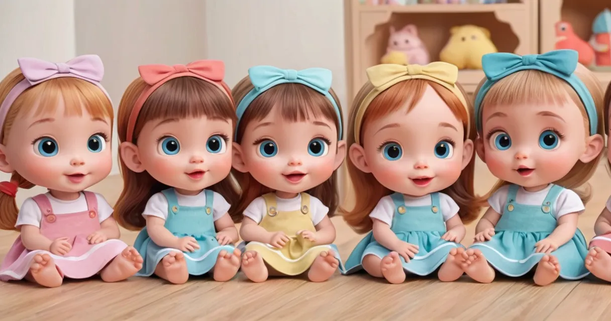 a group of little girls sitting next to each other, baby dolls, beautiful, dolls are playing, dolls are smilling