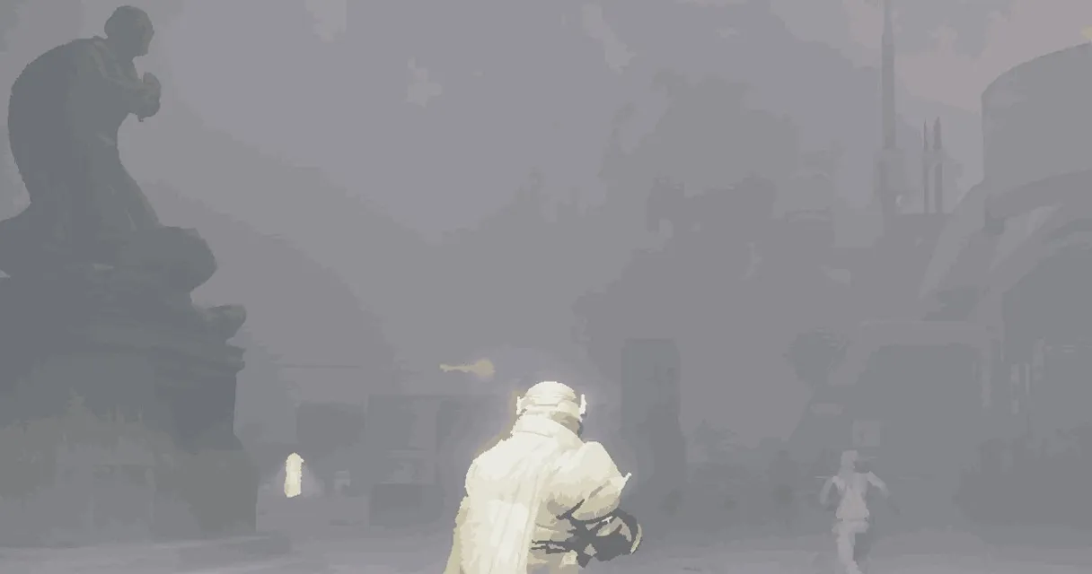 a man standing in front of a statue on a foggy day