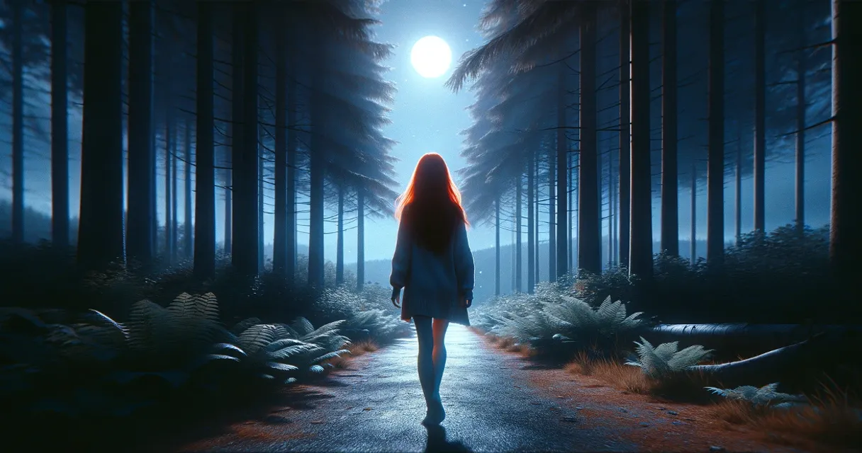 a woman walking down a road in the middle of a forest