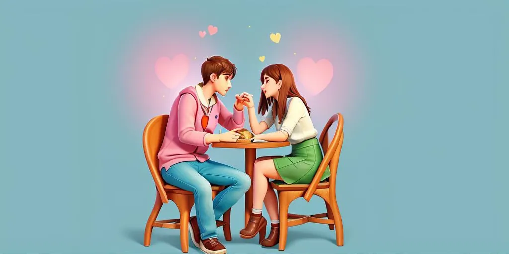 a man and woman sitting at a table with hearts