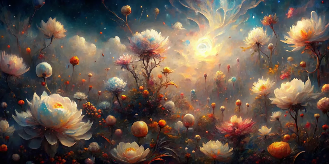 a painting of a bunch of flowers explosion that born and bloom, floating in the air