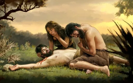 a painting of a man laying on the ground next to a woman